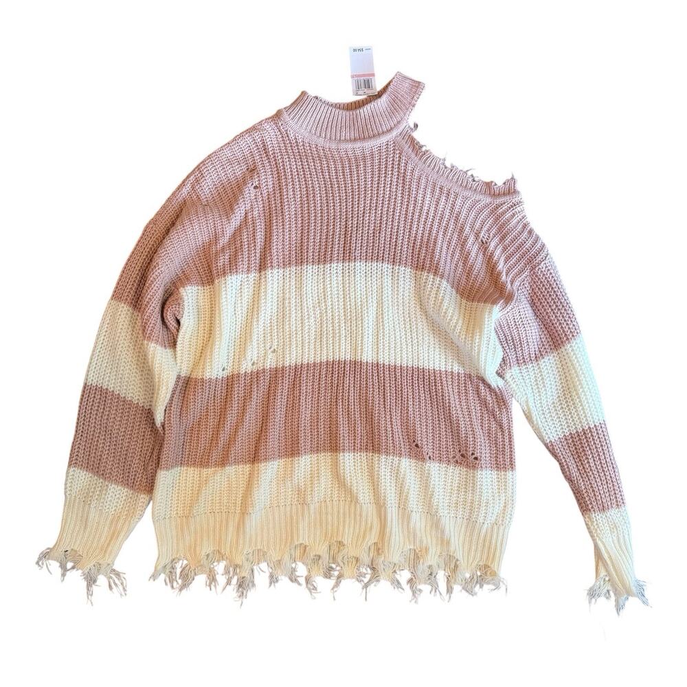 Full Circle Trends Pink White Distressed Cold Shoulder Sweater 2X New With Tags